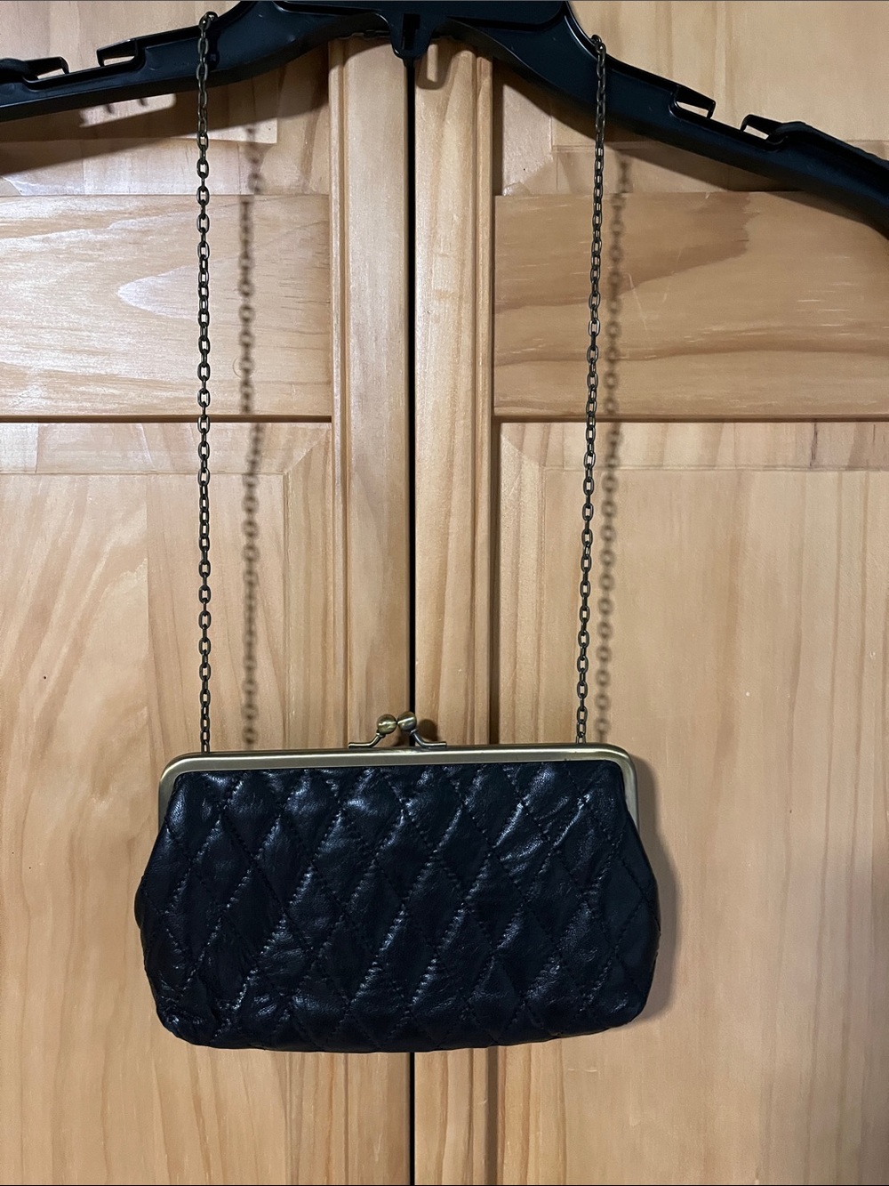 Nine West Black Quilted Leather Frame Crossbody Clutch with Chain